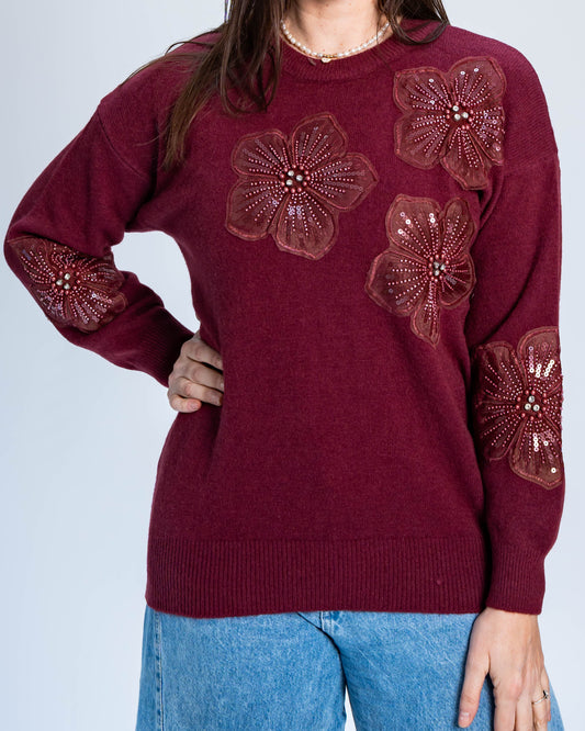 Sweater Flor Mostacilla Burdeo