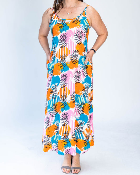 Vestido Figuras Naranjo Celeste