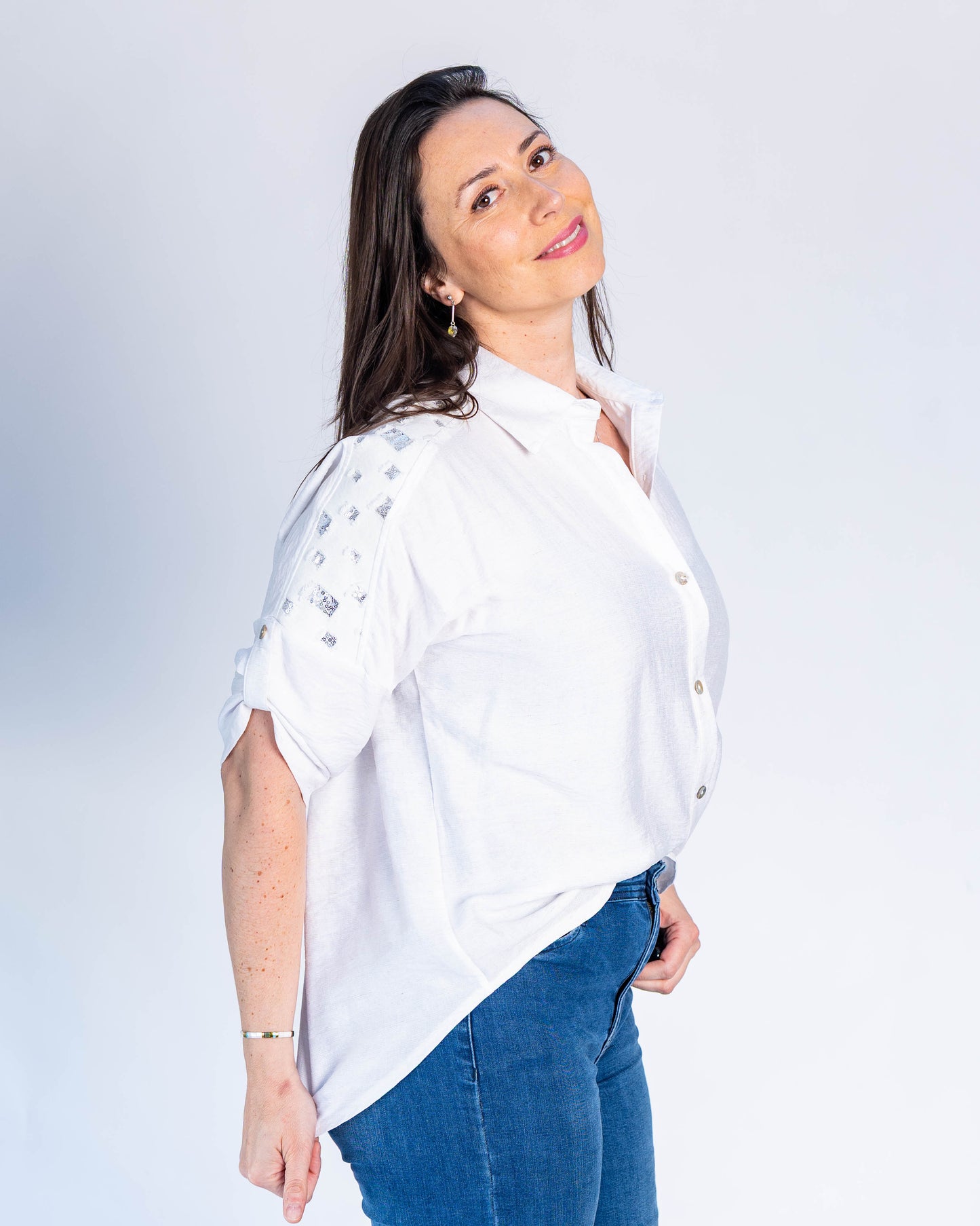 Blusa Cuadrados Lentejuelas Blanco