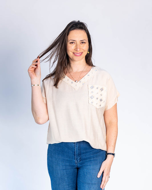 Polera Cuadrados Lentejuelas Beige