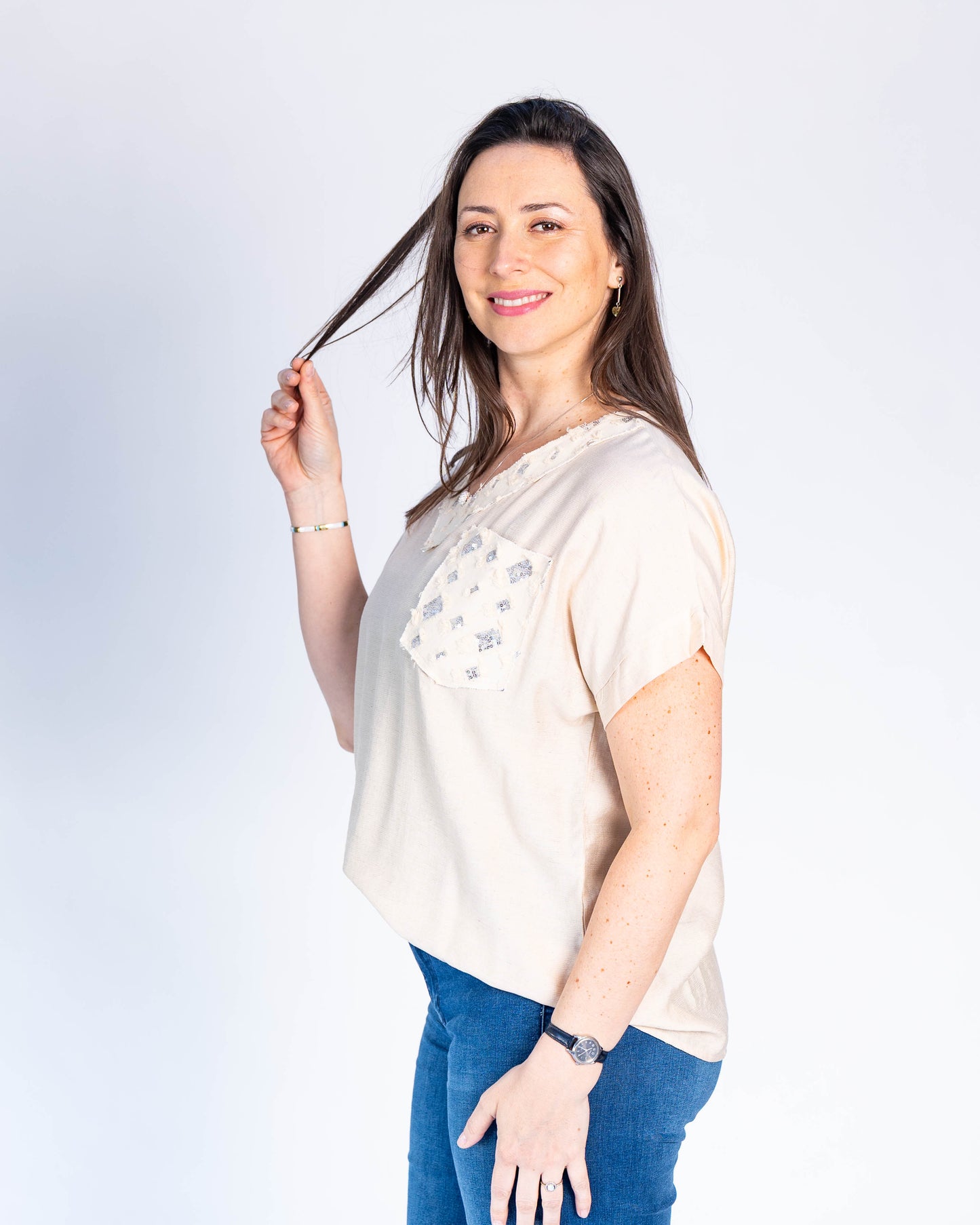 Polera Cuadrados Lentejuelas Beige