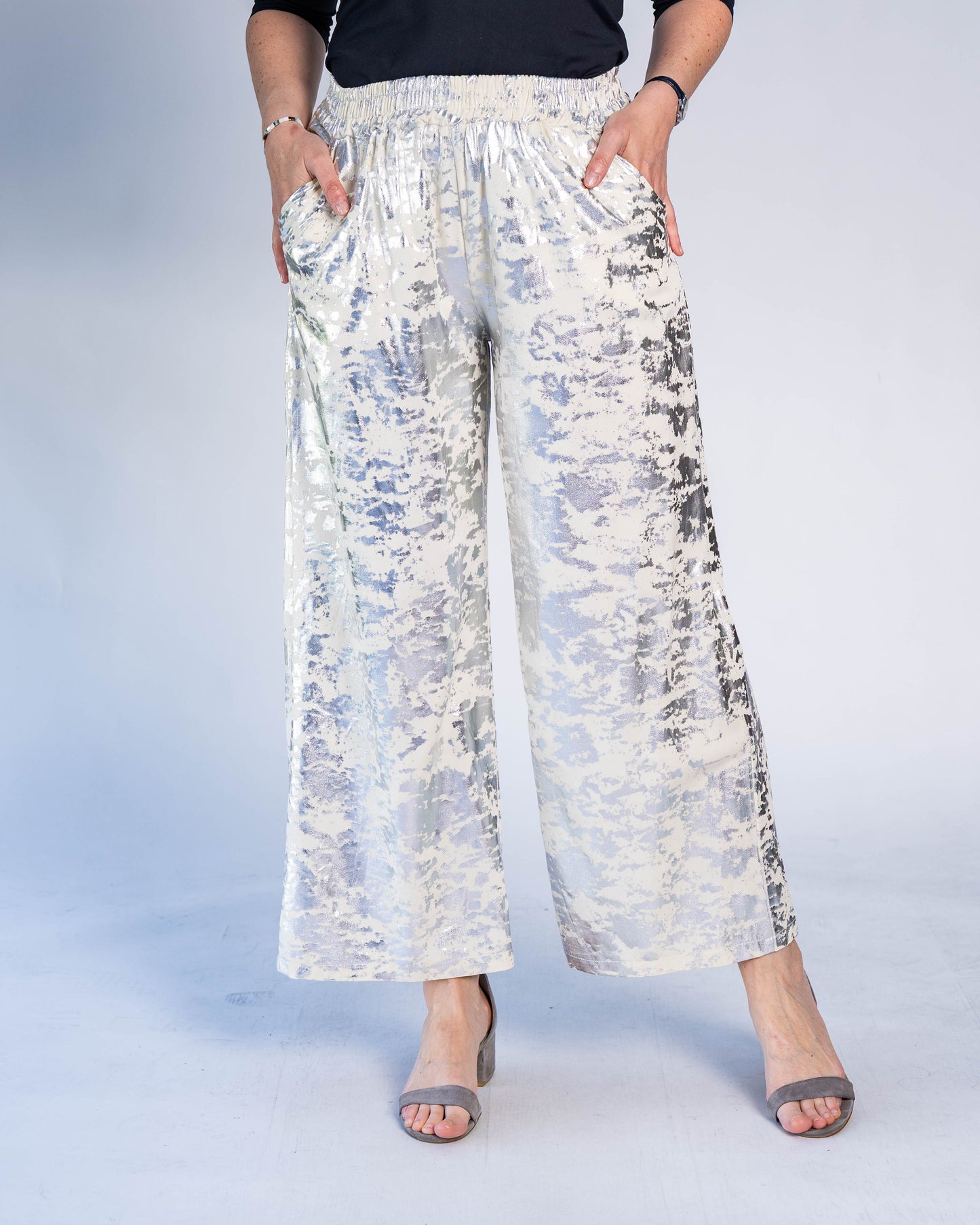 Pantalón Estampado Plateado Beige