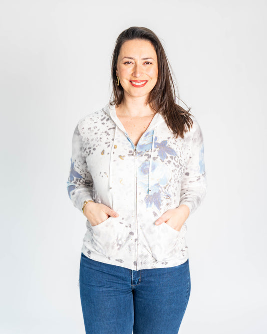 SWEATER CON CIERRE ROSAS AZUL