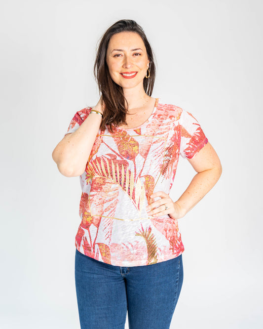 POLERA HOJAS NARANJA BLANCA