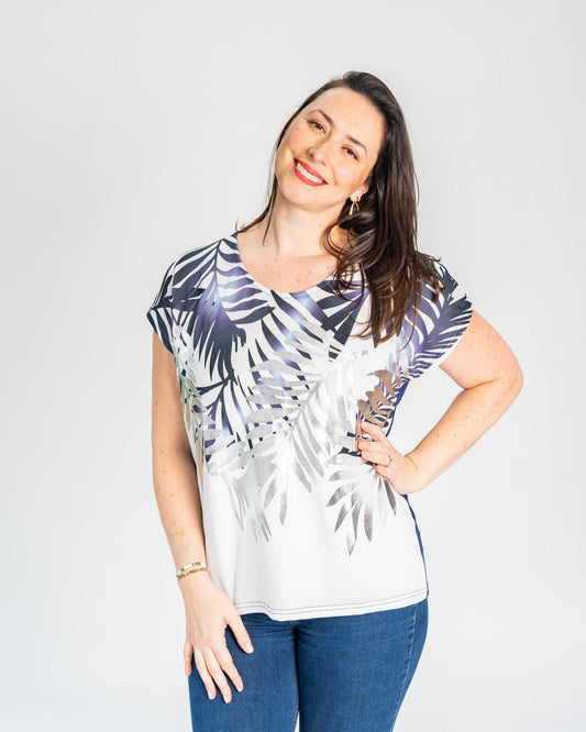 POLERA HOJAS PLATEADA-DORADA AZUL