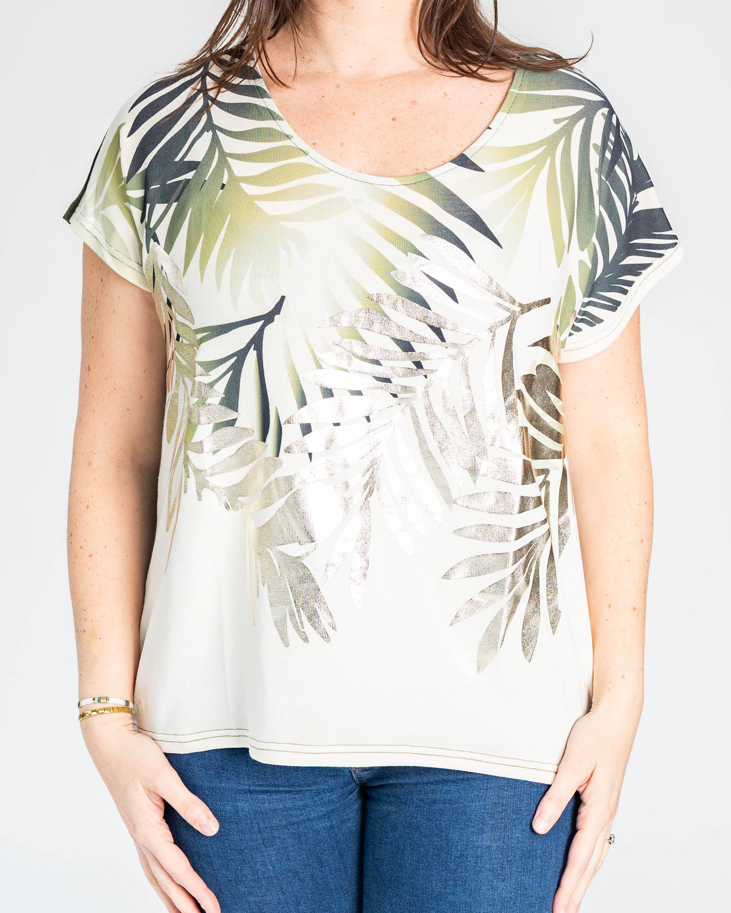 POLERA HOJAS PLATEADA-DORADA VERDE