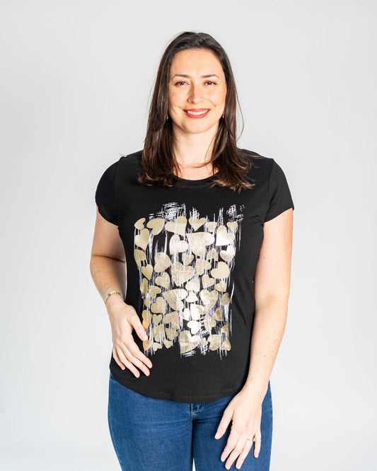POLERA CORAZONES DORADOS NEGRO