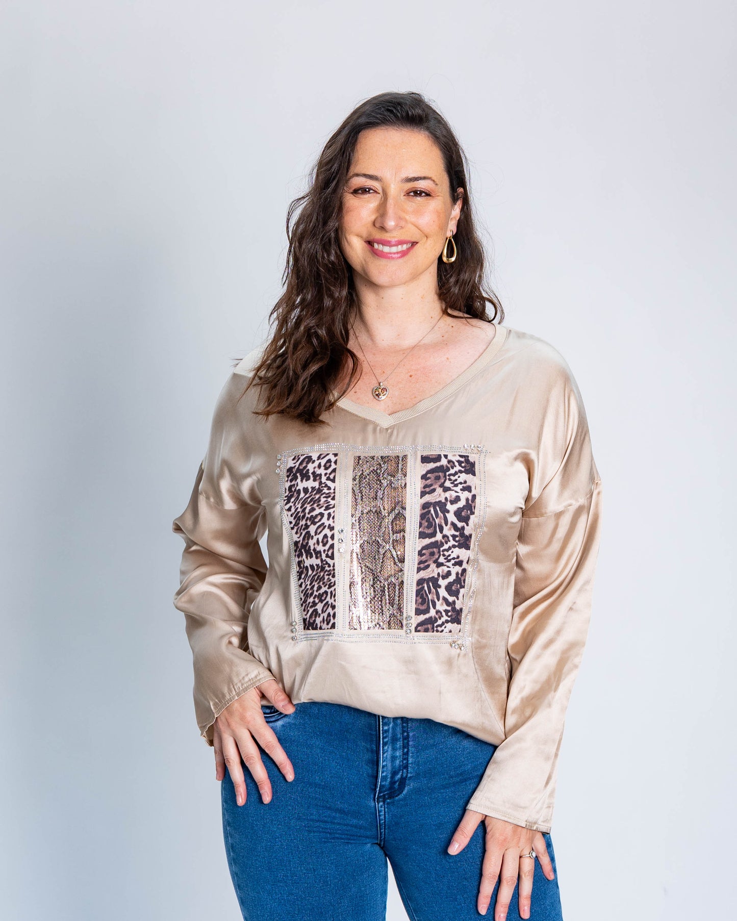 Polera Triple Print Brillo Beige