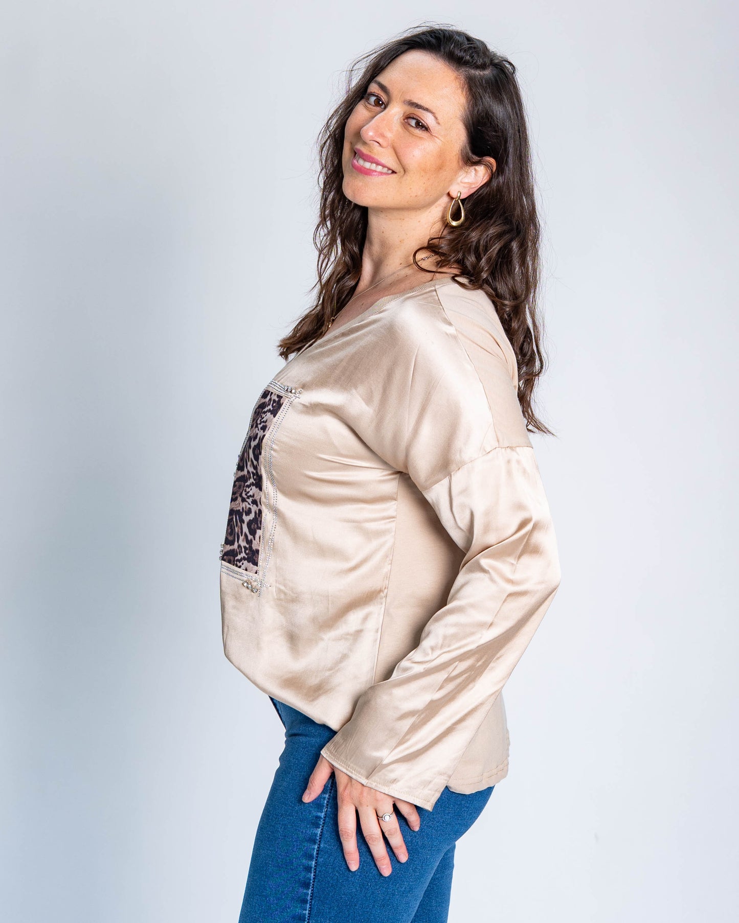 Polera Triple Print Brillo Beige