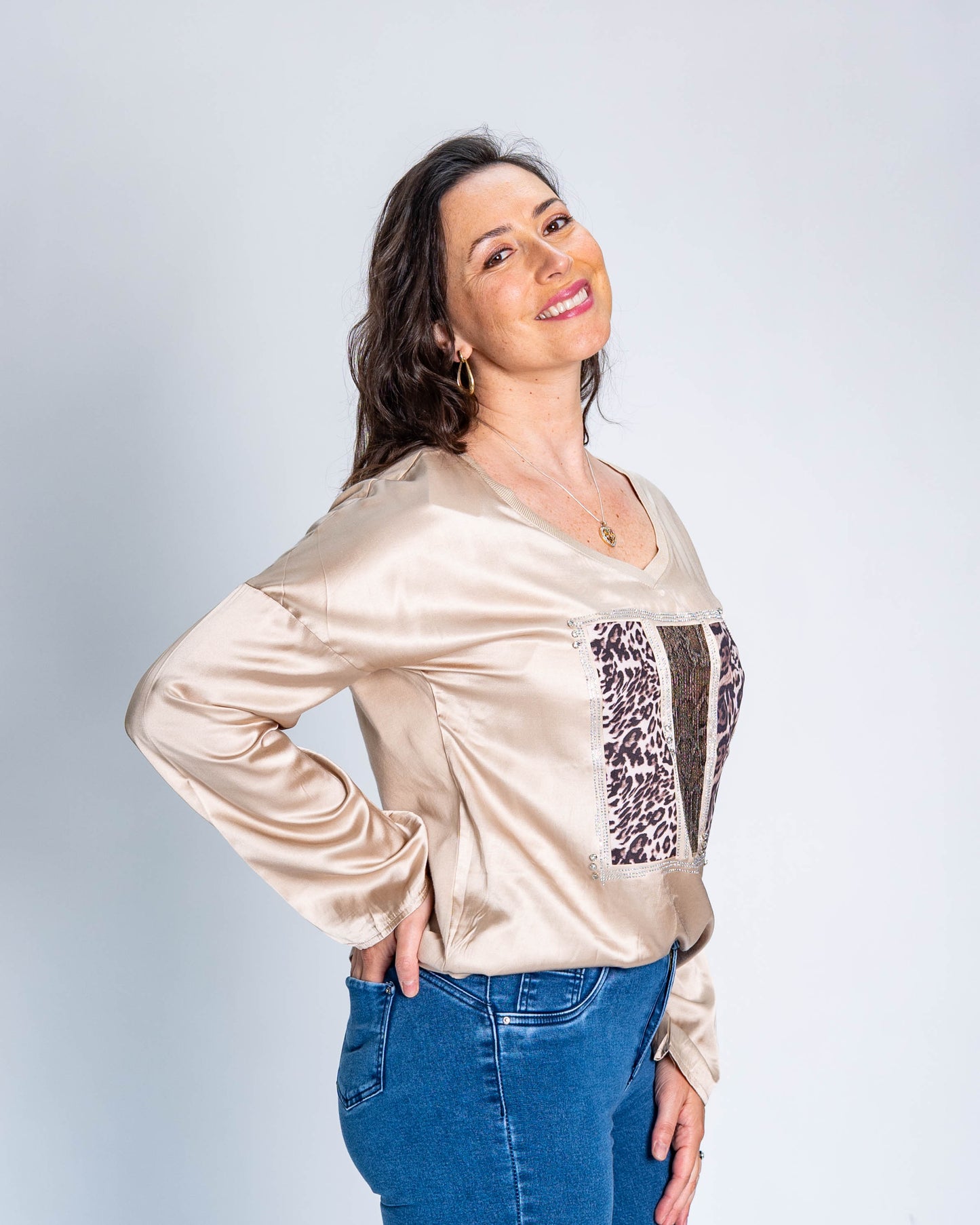 Polera Triple Print Brillo Beige