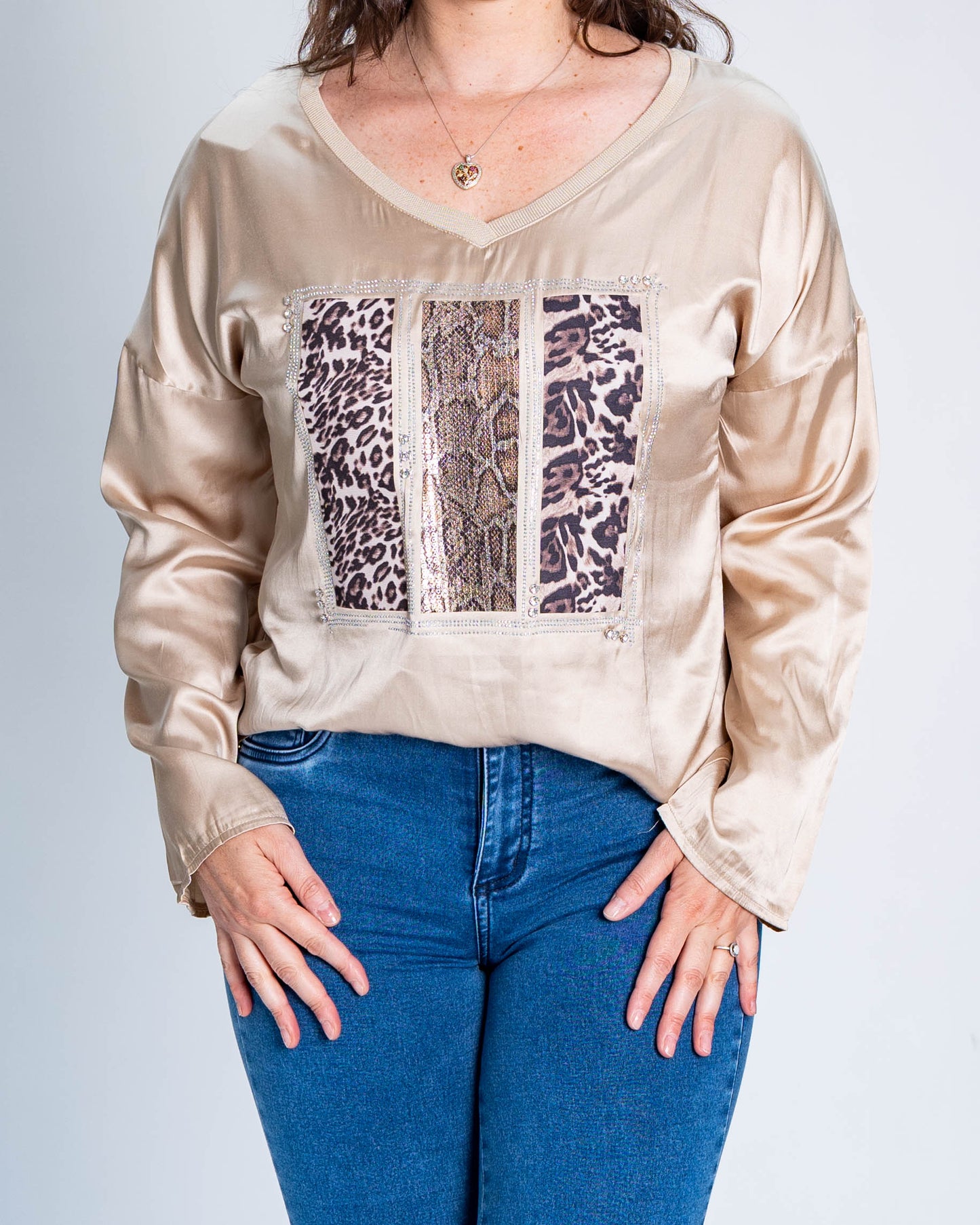 Polera Triple Print Brillo Beige