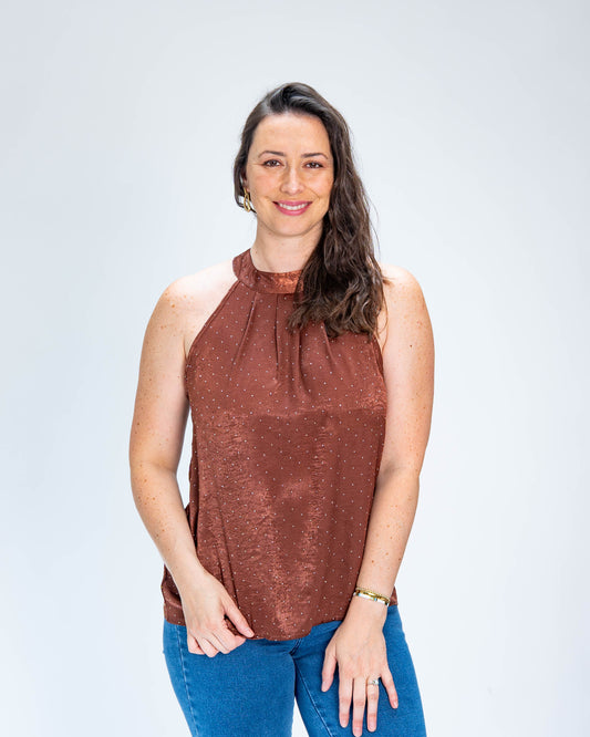 Polera Cuello Halter Brillo Chocolate