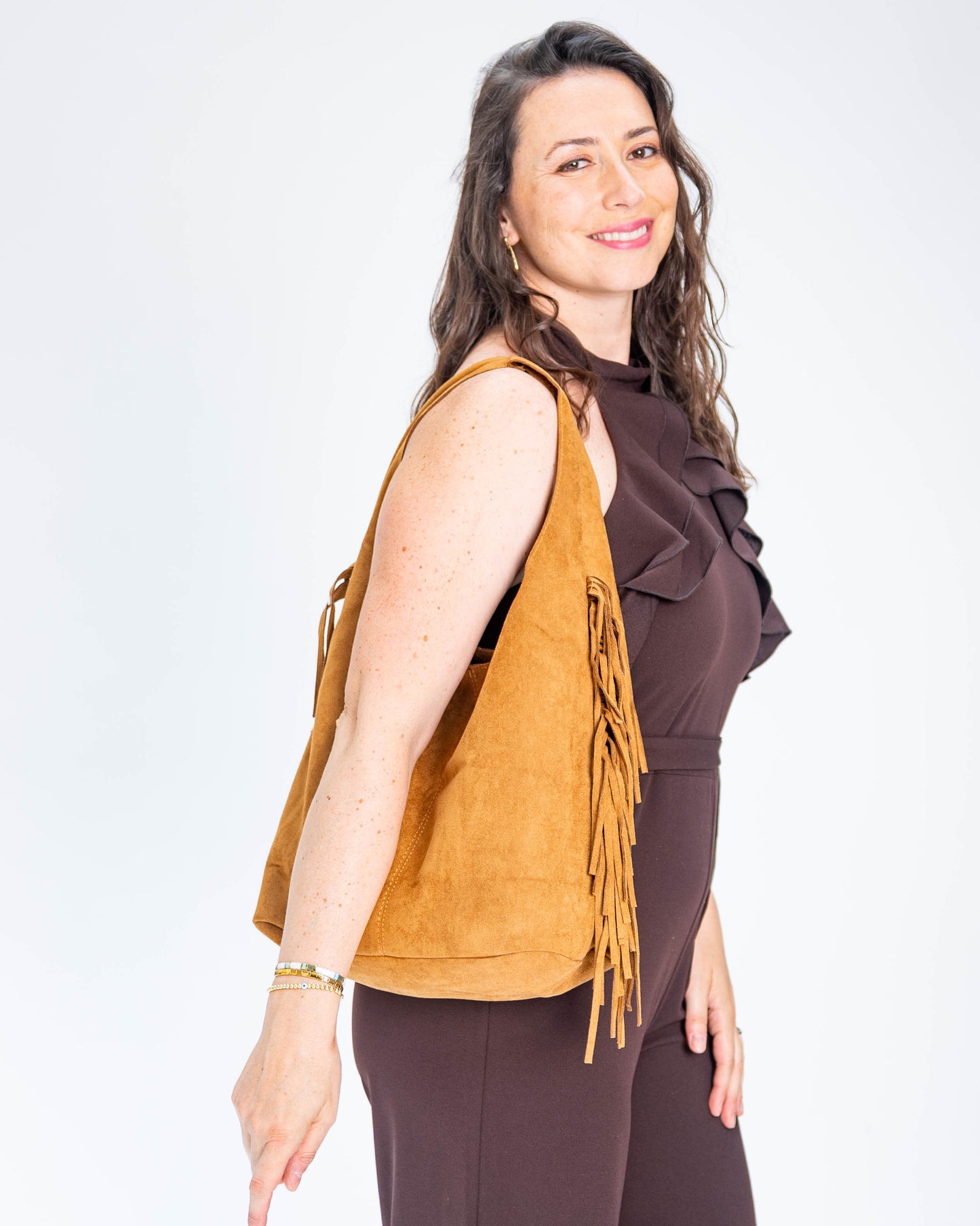 Cartera Símil Gamuza Flecos Camel