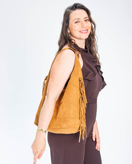 Cartera Símil Gamuza Flecos Camel