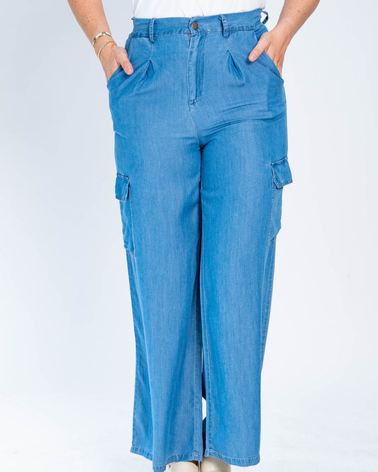 Pantalón Tencel Cargo Azul