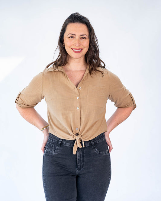 Blusa Elena Lino con Amarre Café