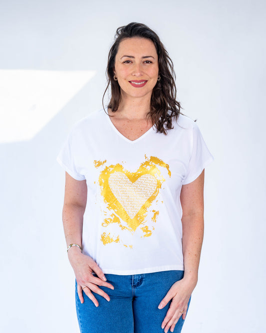 Polera corazón dorado blanca