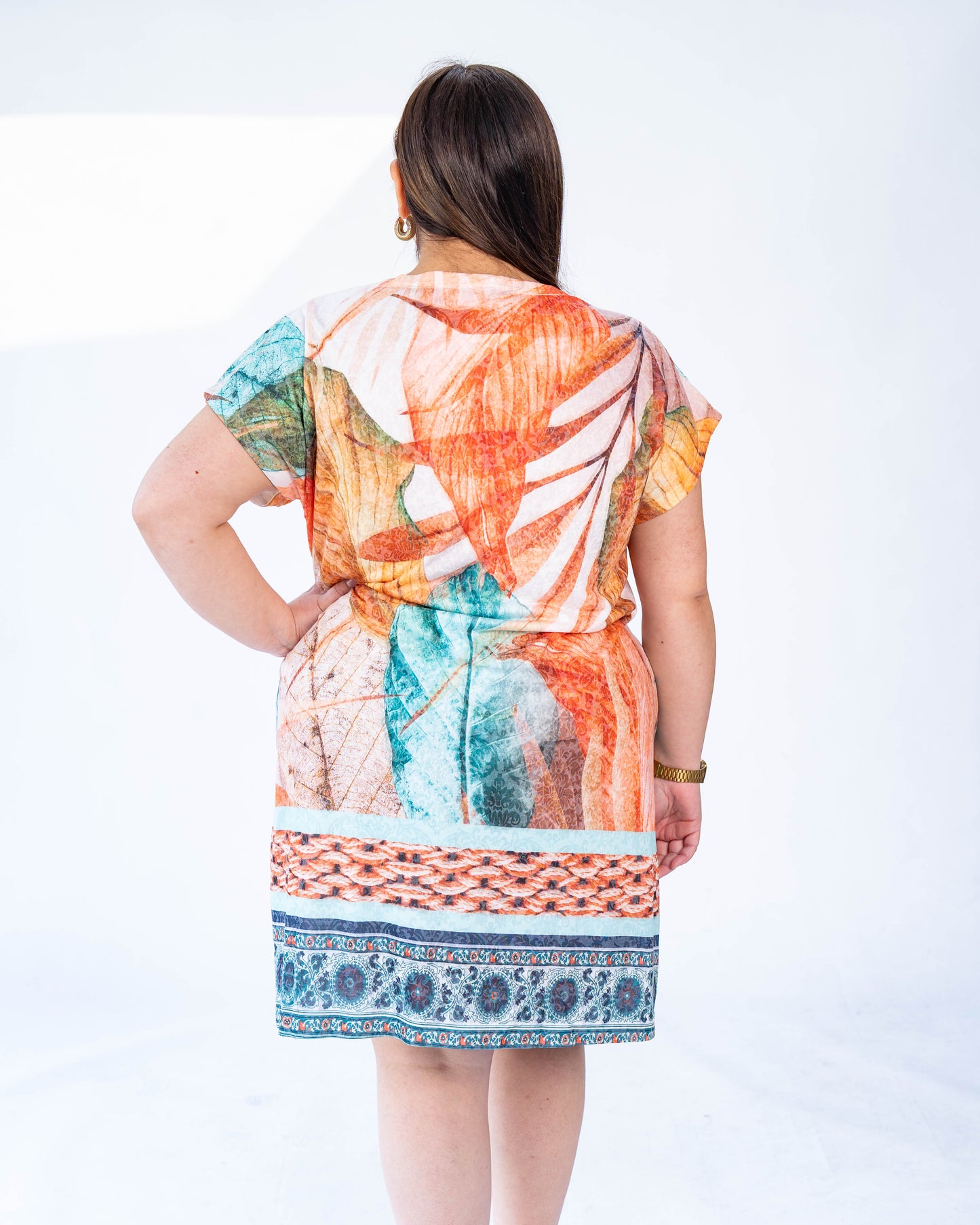 VESTIDO VALENTINA HOJAS CALIPSOS Y NARANJAS