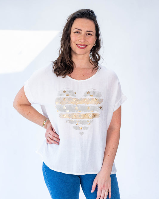 Polera hilo flores doradas