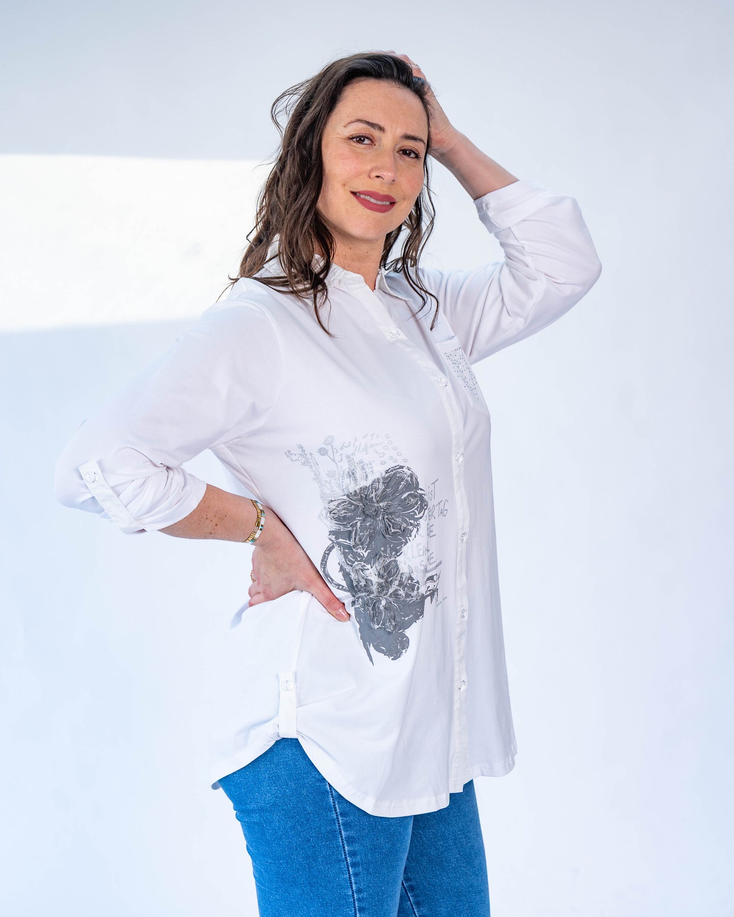 Blusa Alma Duo Brillo/Flor Blanco
