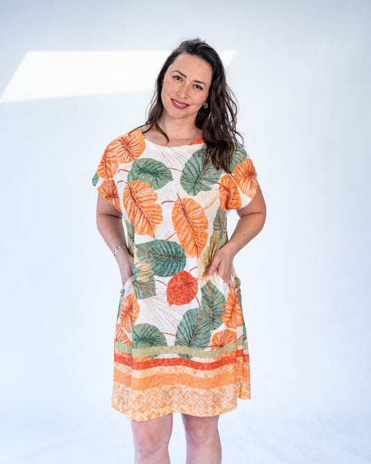VESTIDO VALENTINA HOJAS VERDES Y NARANJAS