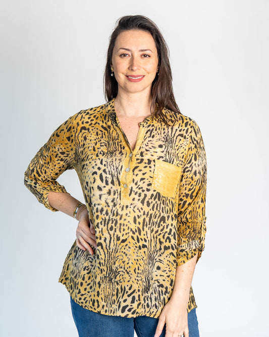 Blusa Italiana Evelyn Print Mostaza