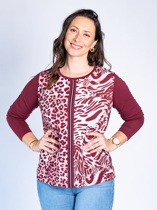 Polera Duo Animal Print Burdeo