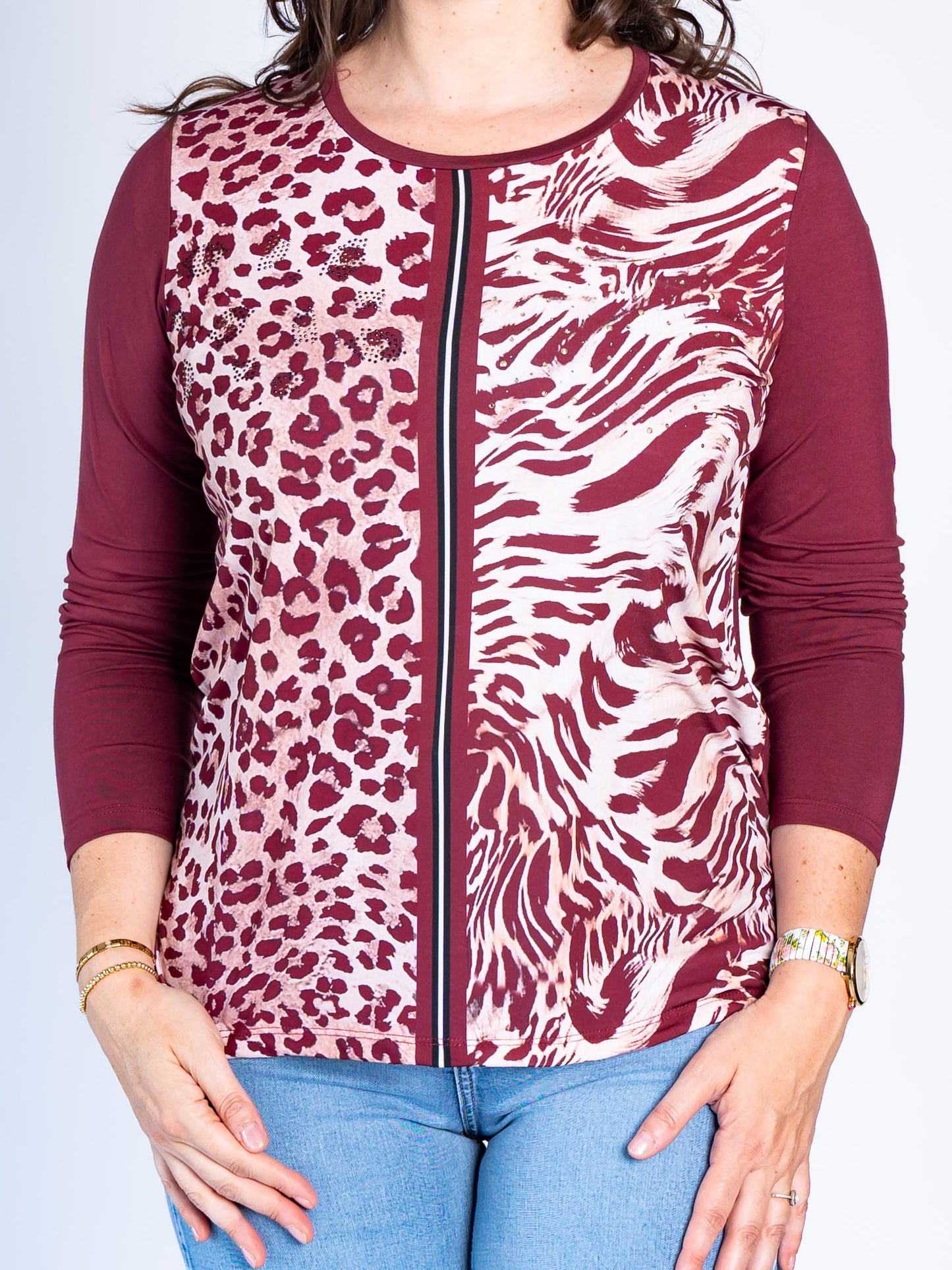 Polera Duo Animal Print Burdeo