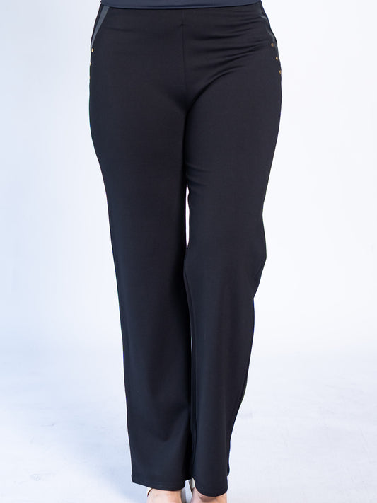 Pantalón Recto Aplicación Ecocuero Negro