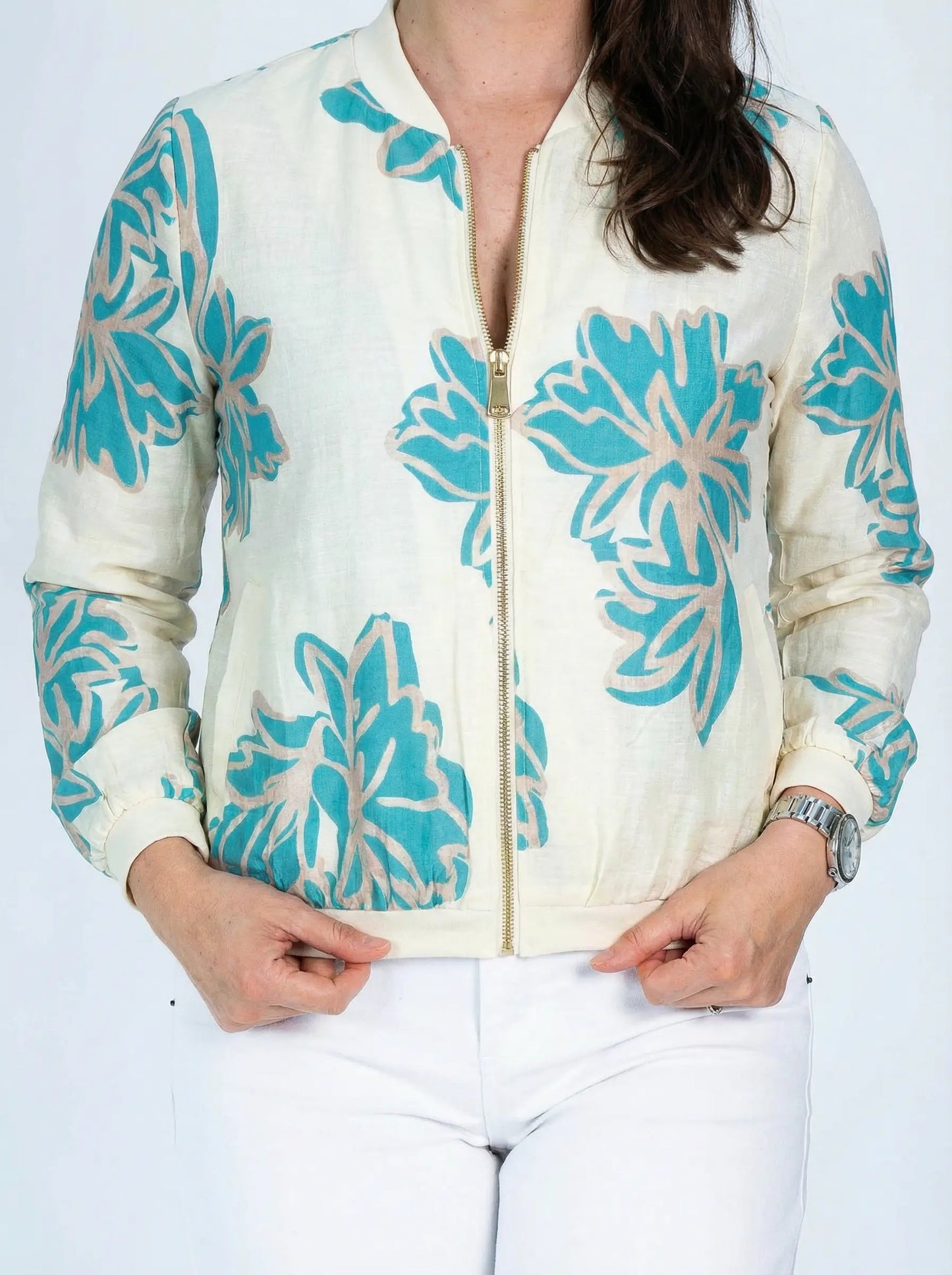 Bomber Símil Lino Sofy Crema/Turquesa