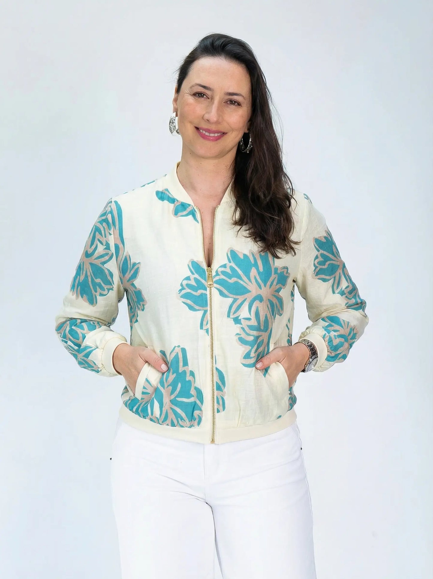 Bomber Símil Lino Sofy Crema/Turquesa