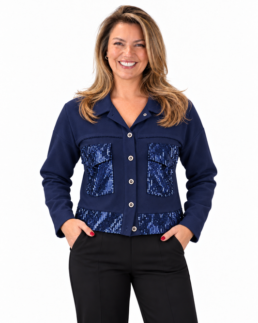 Chaqueta Simil Lino Lentejuelas Azul