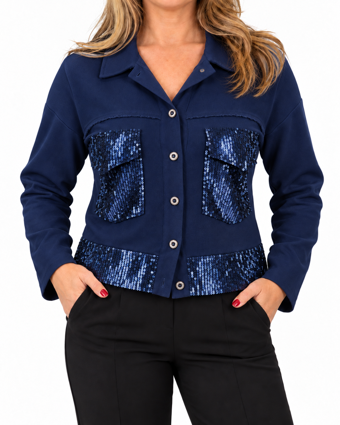 Chaqueta Simil Lino Lentejuelas Azul