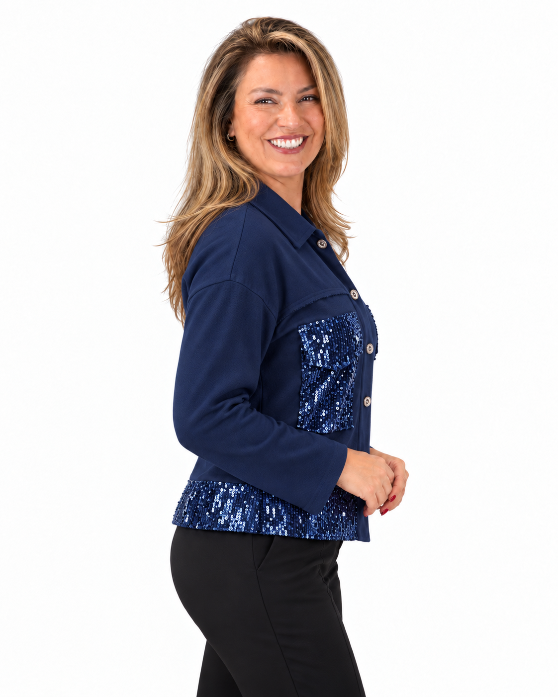 Chaqueta Simil Lino Lentejuelas Azul