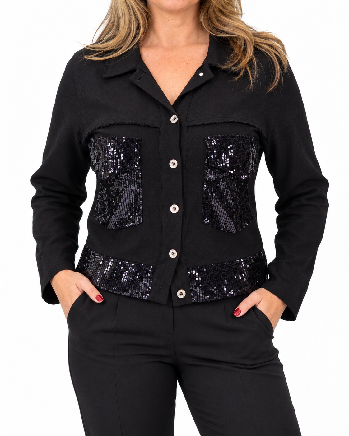 Chaqueta Símil Lino Lentejuelas Negro