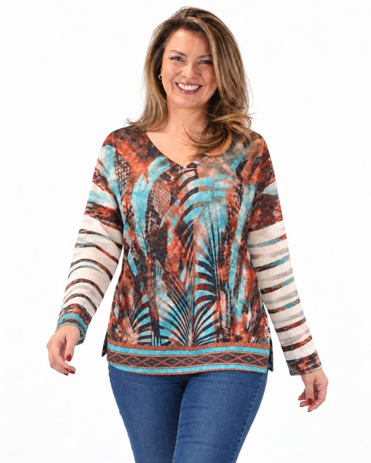 Polera BR Aline Manga Larga Cobre y Turquesa