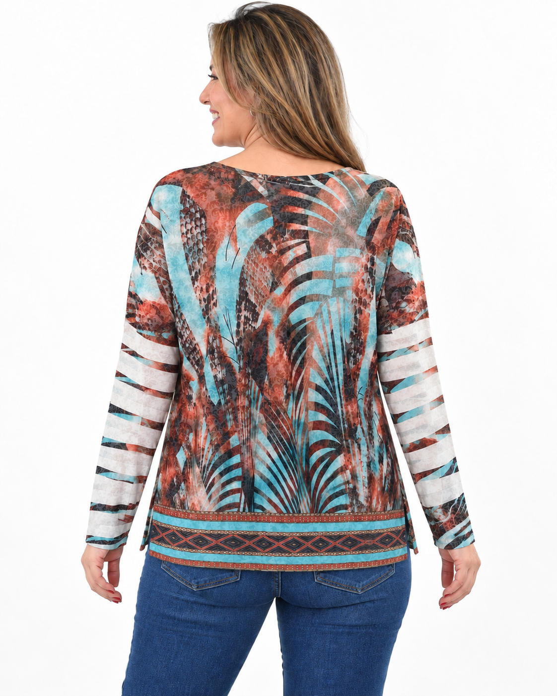 Polera BR Aline Manga Larga Cobre y Turquesa