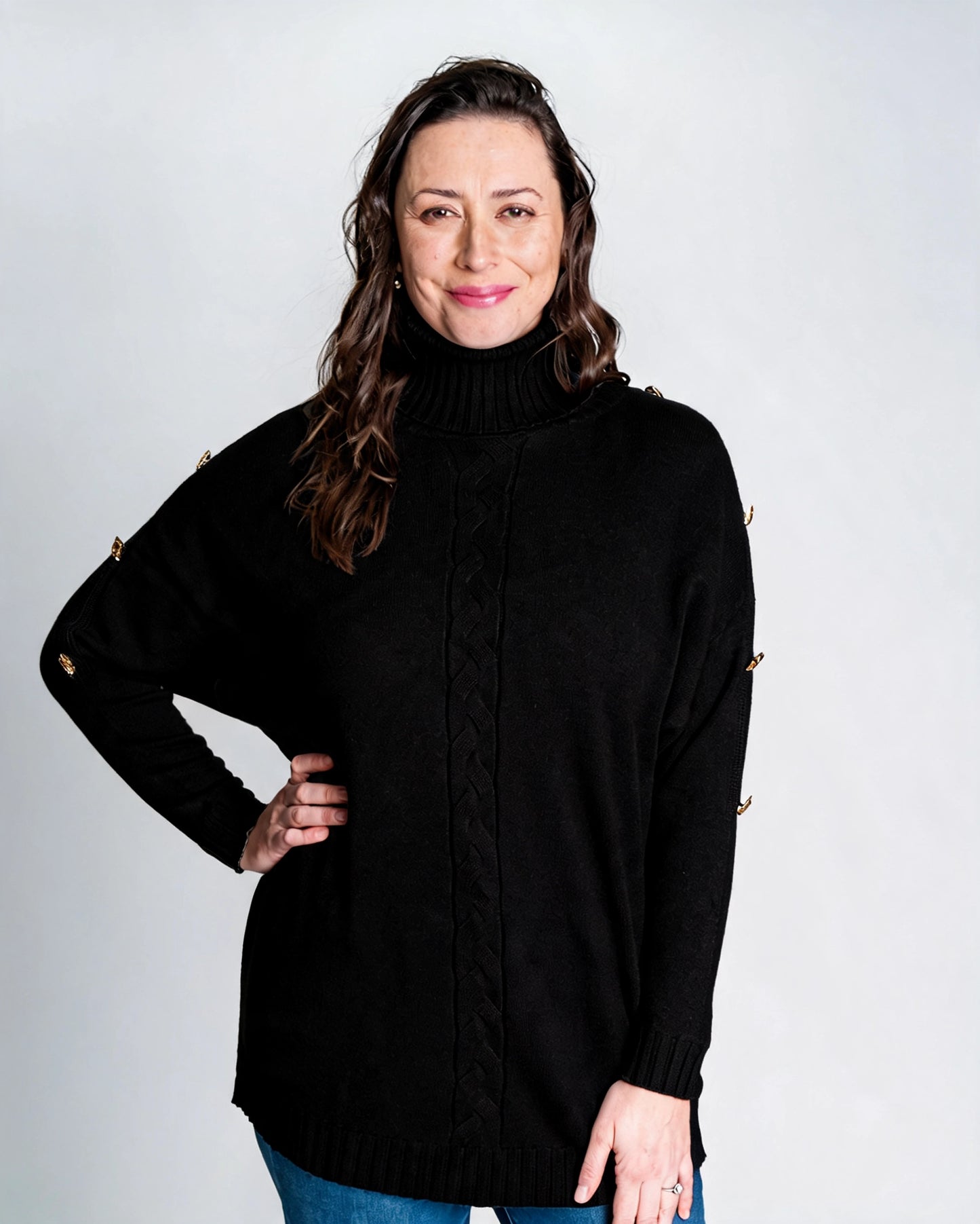 Sweater Cuello Alto Botones Negro