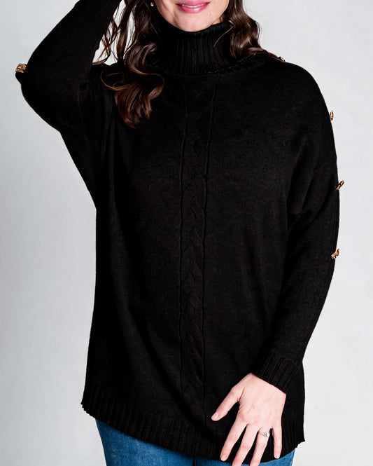 Sweater Cuello Alto Botones Negro