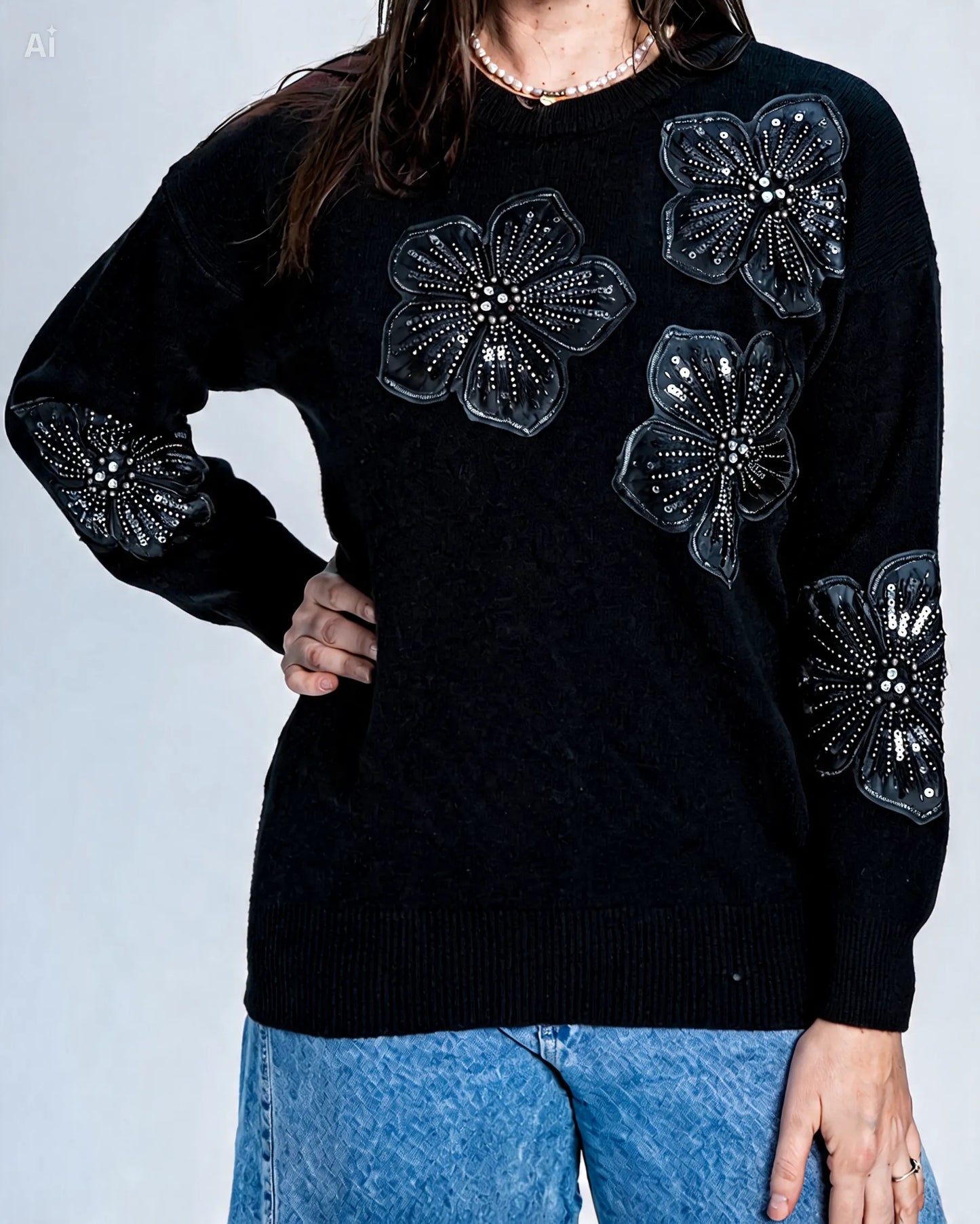 Sweater Flor Mostacilla Negro