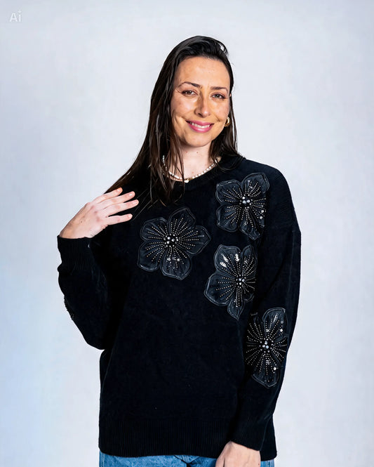Sweater Flor Mostacilla Negro