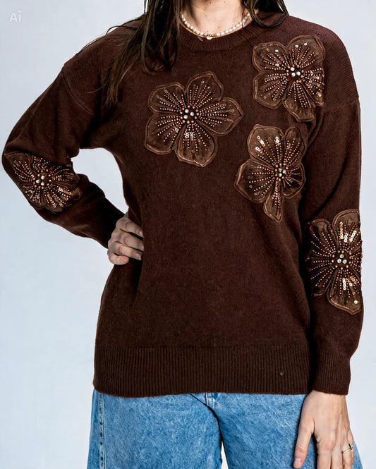 Sweater Flor Mostacilla Chocolate