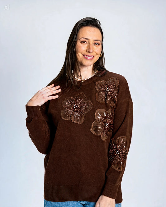 Sweater Flor Mostacilla Chocolate