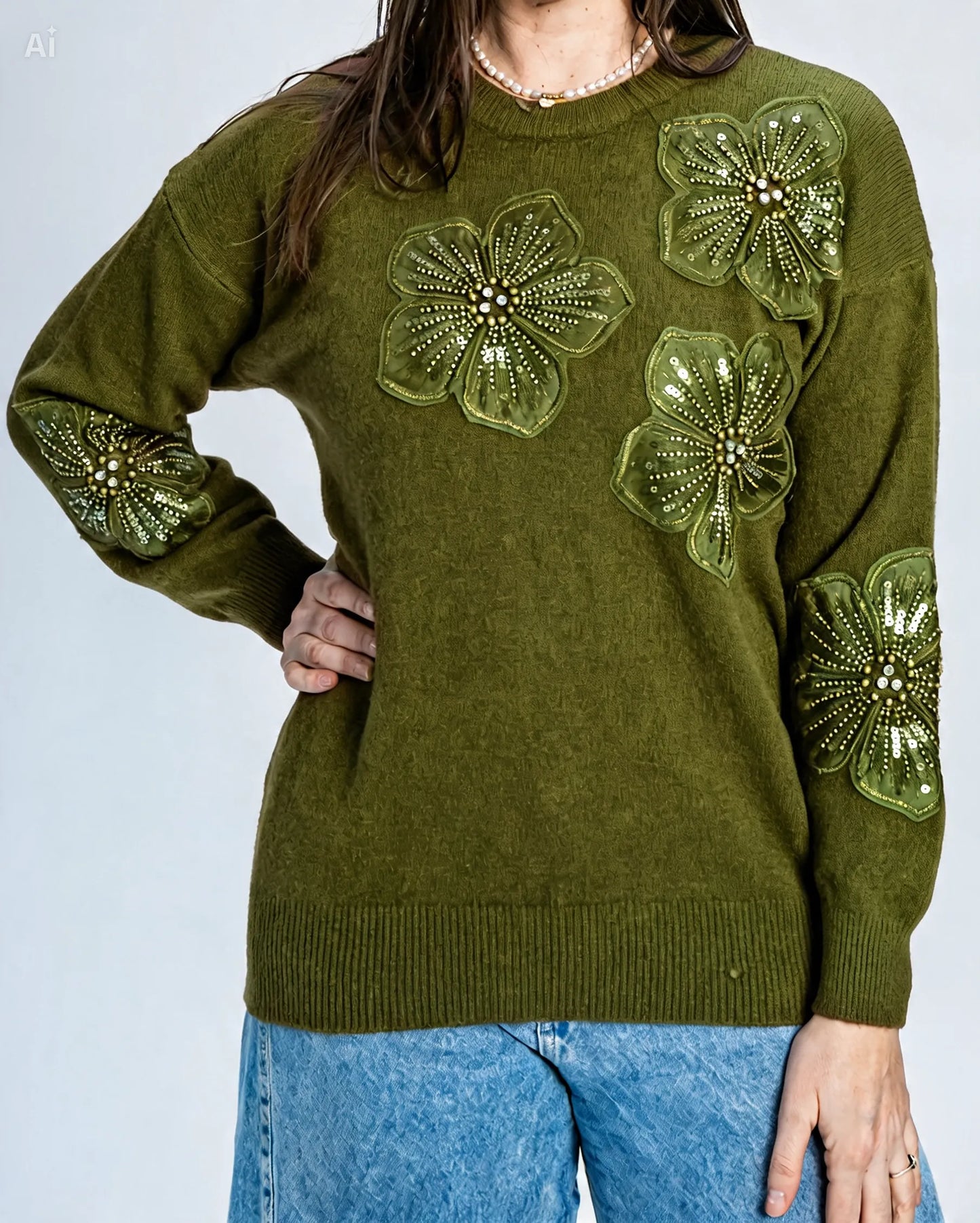 Sweater Flor Mostacilla Verde