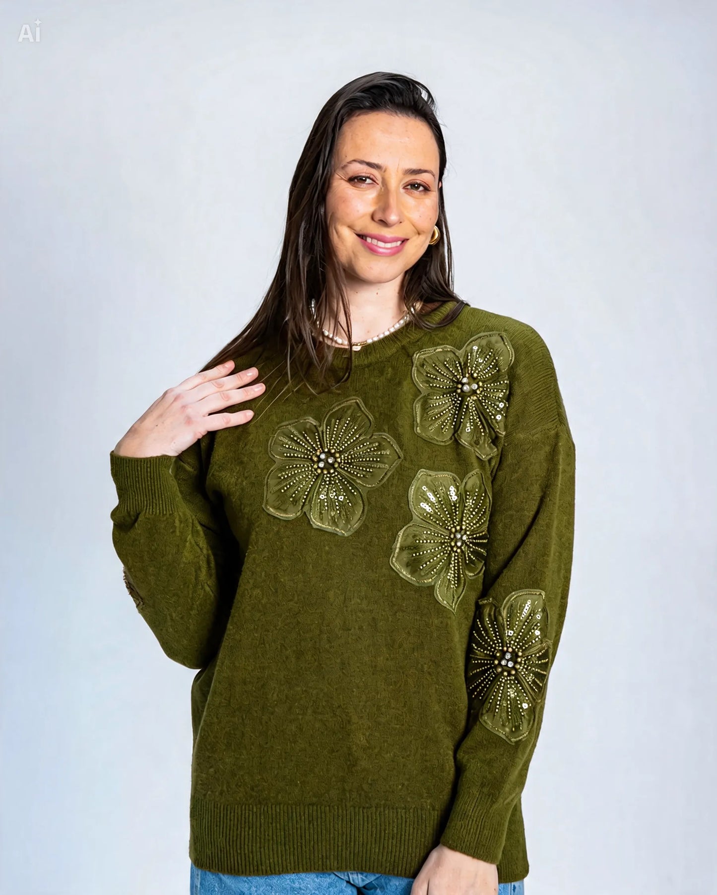 Sweater Flor Mostacilla Verde