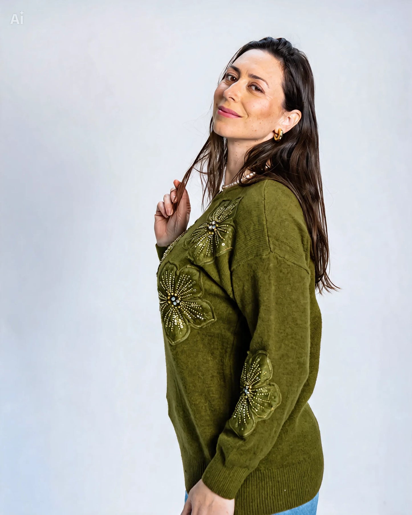 Sweater Flor Mostacilla Verde