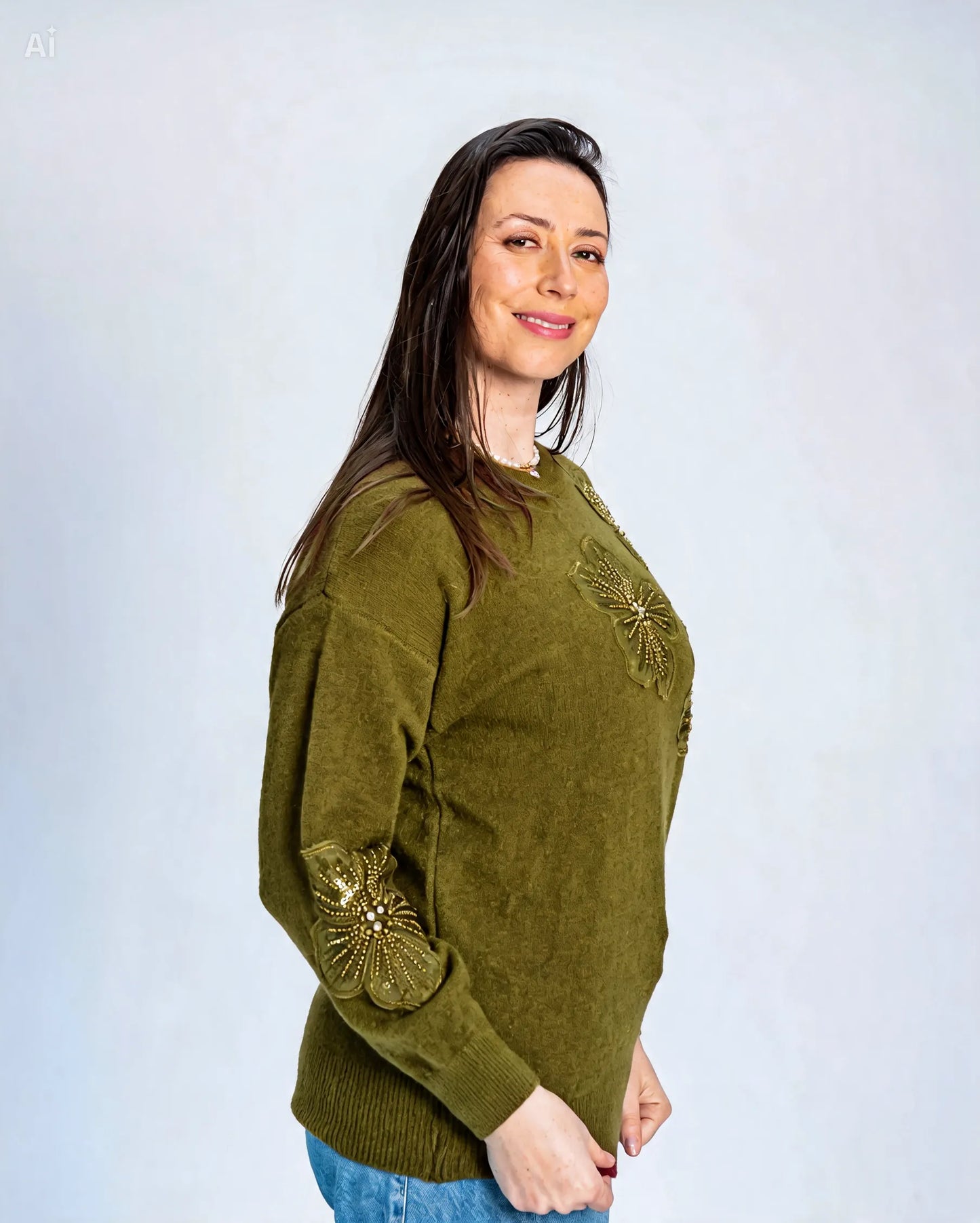 Sweater Flor Mostacilla Verde